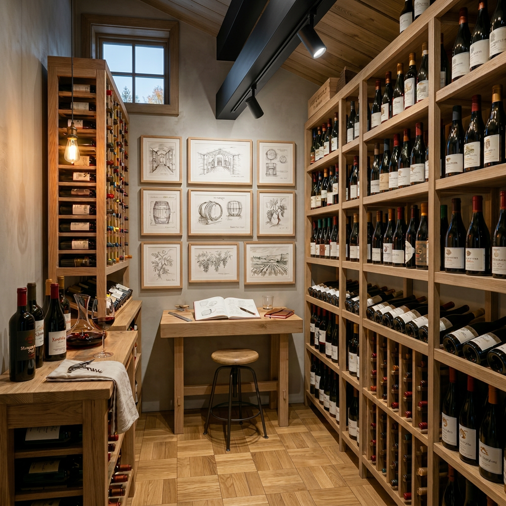 Wine cellar with wooden shelves filled with wine bottles and a small wooden desk with a stool